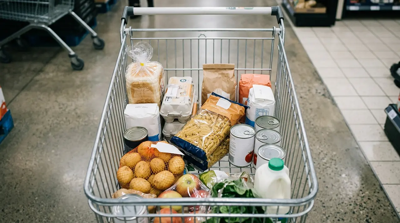 Rayonnage vide et étiquettes de prix illustrant l'inflation alimentaire supermarchés en France.