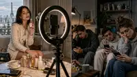 Influenceuse utilisant son smartphone devant les réseaux sociaux, illustration de l’influencer fatigue, de la perte de confiance des audiences et de la transformation du marketing d’influence en 2026.