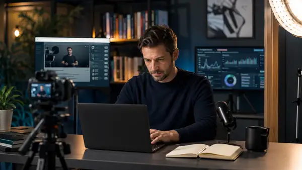 Infopreneur travaillant sur un ordinateur dans un studio de création équipé d’une caméra, d’un microphone et d’écrans affichant une formation en ligne et des données de performance.