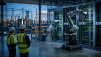 Des ingénieurs supervisent des bras robotiques devant des serveurs d’intelligence artificielle reliés à une infrastructure électrique industrielle.