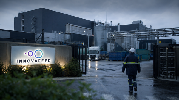 Illustration d'une usine Innovafeed avec des chiffres clés (51 M€, 60 postes) et des insectes, symbolisant la levée de fonds et la restructuration de l'entreprise. Généré par Entreprisma. 