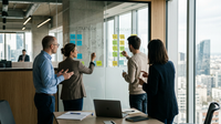 Illustration de deux mains, l'une représentant une grande entreprise et l'autre une startup, s'unissant pour symboliser la collaboration et l'innovation Manutan.