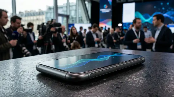 Concept design de l'iPhone 18 Pro avec écran immersif et interface Apple Intelligence en 2026.