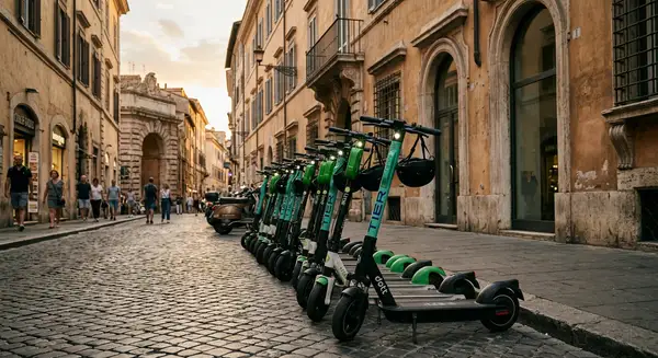 Trottinette électrique avec plaque d'immatriculation en Italie, symbole de la nouvelle loi 2026.