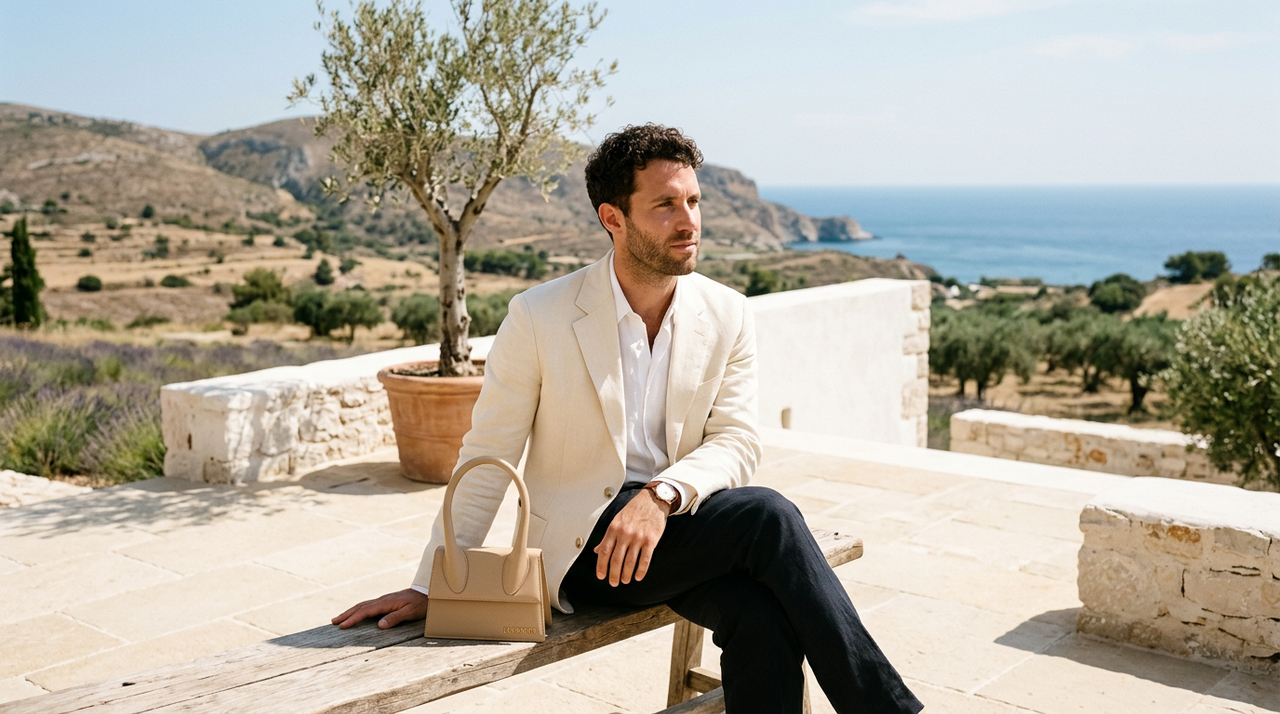 Simon Porte Jacquemus devant une campagne visuelle aux couleurs de la Provence