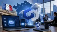 Illustration d’une suite collaborative et d’une messagerie professionnelle souveraine en France, représentant le rachat d’Alinto par Jamespot et son ambition de construire une alternative française à Microsoft 365 et Google Workspace.