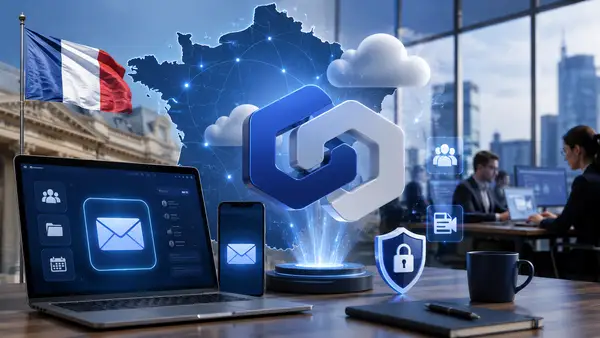 Illustration d’une suite collaborative et d’une messagerie professionnelle souveraine en France, représentant le rachat d’Alinto par Jamespot et son ambition de construire une alternative française à Microsoft 365 et Google Workspace.