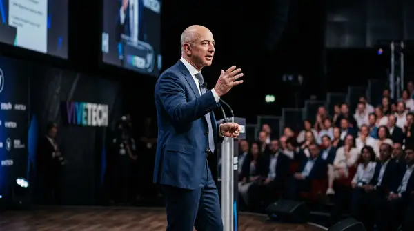 Portrait de Jeff Bezos discutant de l'impact de l'IA sur les entreprises lors d'une conférence.