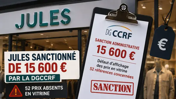 Devanture d’un magasin Jules avec son enseigne visible, accompagnée d’une représentation d’une sanction administrative de la DGCCRF de 15 600 euros pour défaut d’affichage des prix en vitrine concernant 52 références à Dijon.