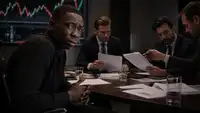 Khaby Lame, visiblement déçu et préoccupé, assis dans une salle de réunion face à plusieurs hommes d’affaires manipulant des documents financiers, dans une scène réaliste illustrant les dérives de certains montages contractuels opaques.
