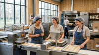 Illustration de l'équipe de La Fabrique du Sud, souriante et unie, devant leur biscuiterie modernisée, symbolisant la réussite d'une Scop.