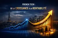 Image avec une courbe bleu et doré ascendant avec une inscription « French tech 2026- de la croissance à la rentabilité »