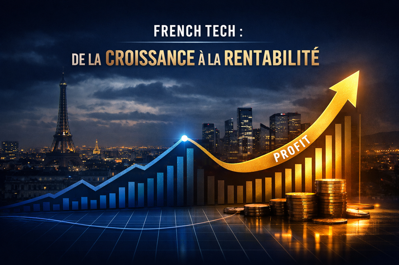 Image avec une courbe bleu et doré ascendant avec une inscription « French tech 2026- de la croissance à la rentabilité »