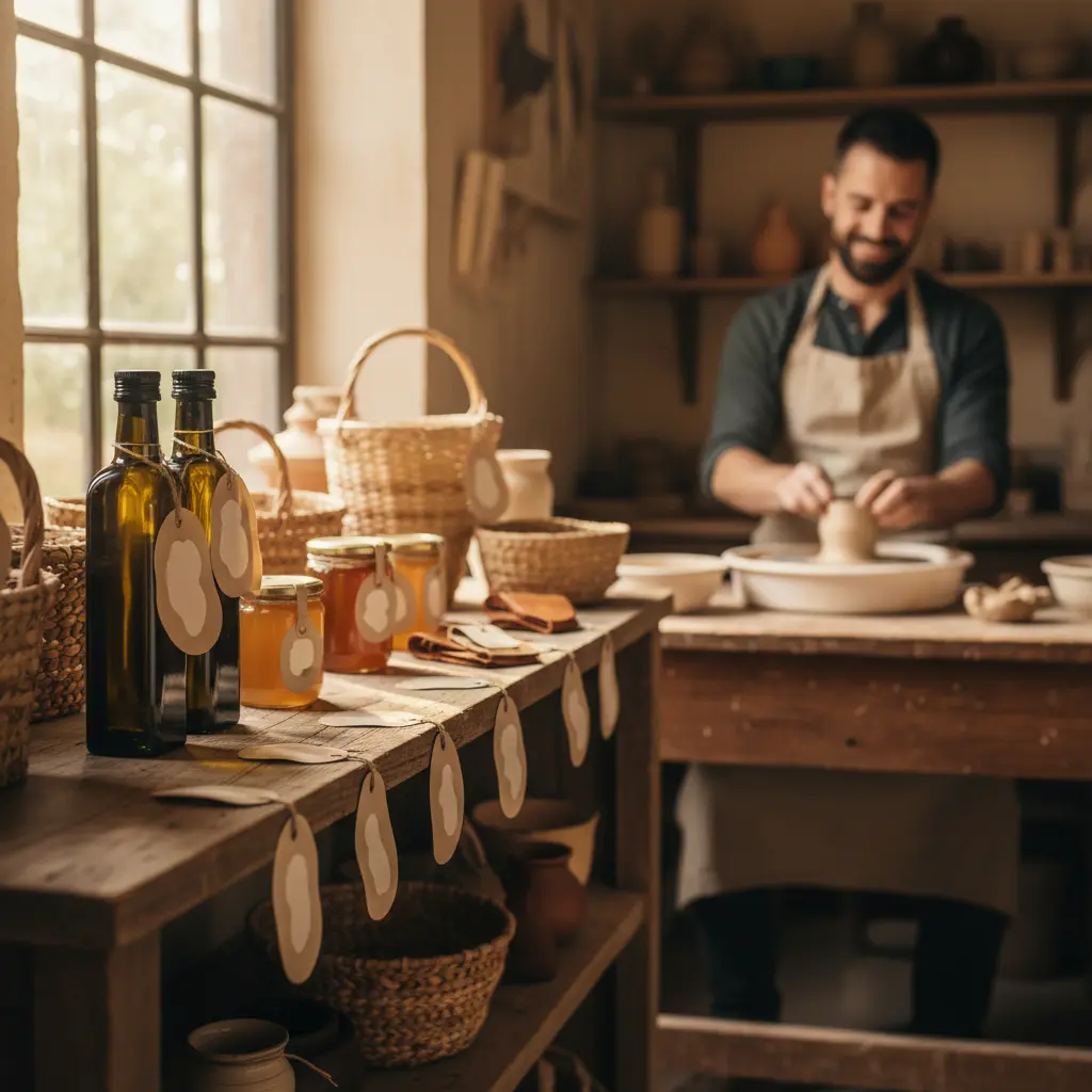 Des produits artisanaux labellisés du terroir français, mis en scène pour illustrer l'impact des labels régionaux sur les ventes.
