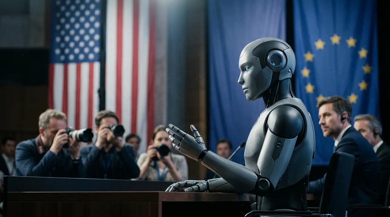Robot humanoïde devant le drapeau américain : Les États-Unis interdisent l'importation étrangère.