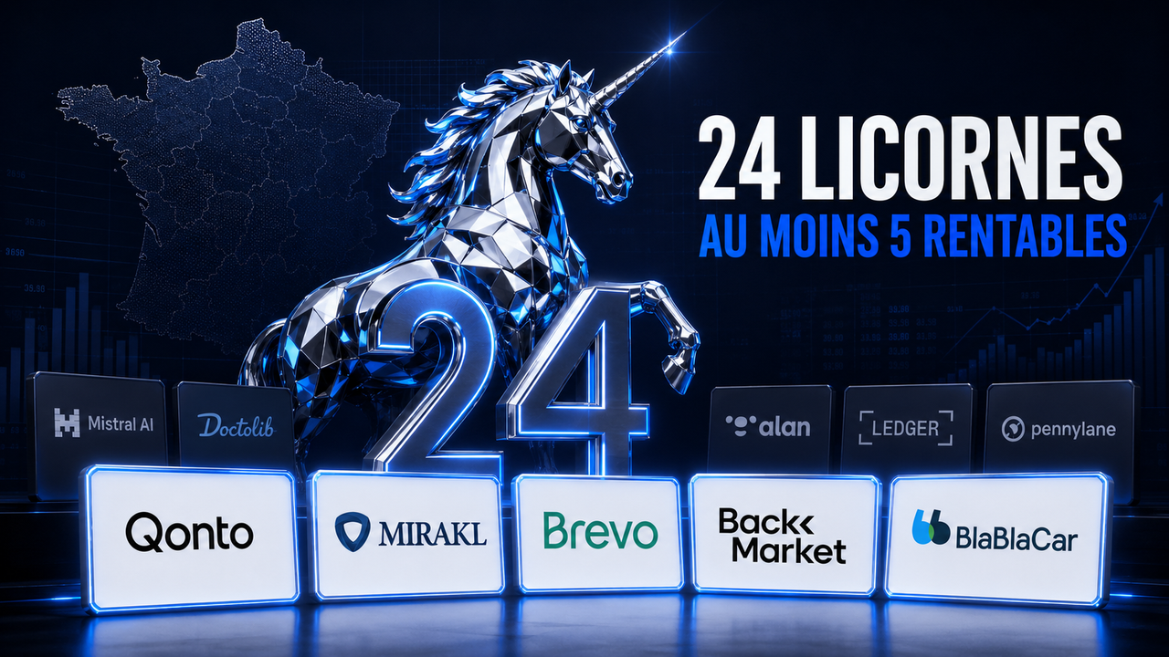 Illustration des 24 licornes françaises en 2026, dont au moins cinq rentables.