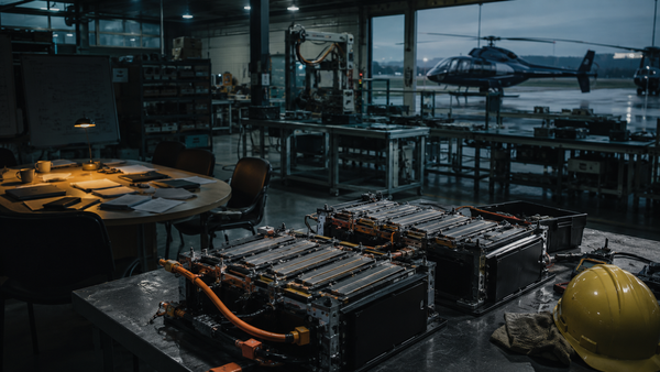 Batteries aéronautiques abandonnées dans une usine à l’arrêt, avec un hélicoptère en arrière-plan.