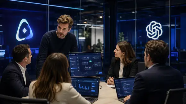 Illustration professionnelle représentant le partenariat entre Limova et OpenAI autour des agents IA pour entreprises, avec une mise en scène réaliste de dirigeants de PME utilisant des assistants d’intelligence artificielle connectés à leurs outils de travail pour automatiser la prospection, le support client et les tâches opérationnelles.