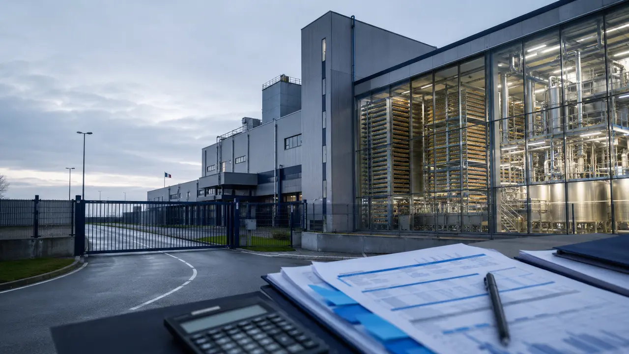 Usine industrielle d’Ÿnsect à l’arrêt, avec équipements de production visibles et documents financiers au premier plan.
