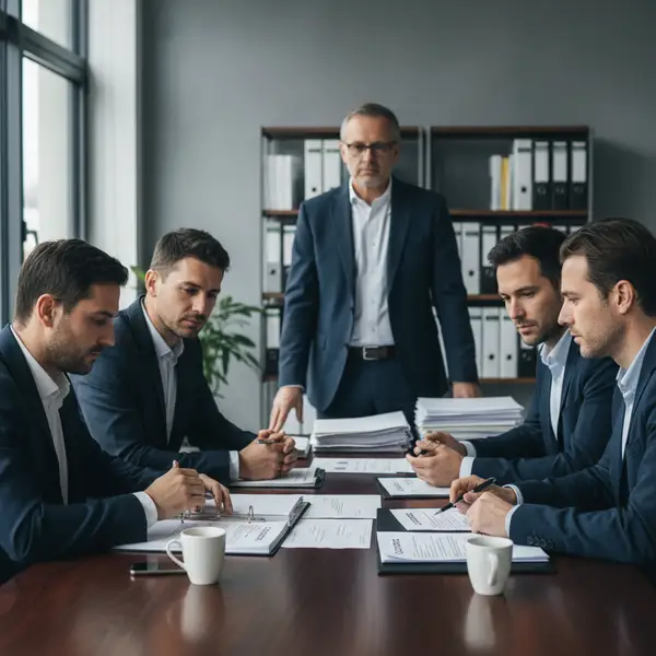 Gros plan sur des mains serrant un stylo au-dessus de documents juridiques, symbolisant la résolution d'un contentieux commercial PME.