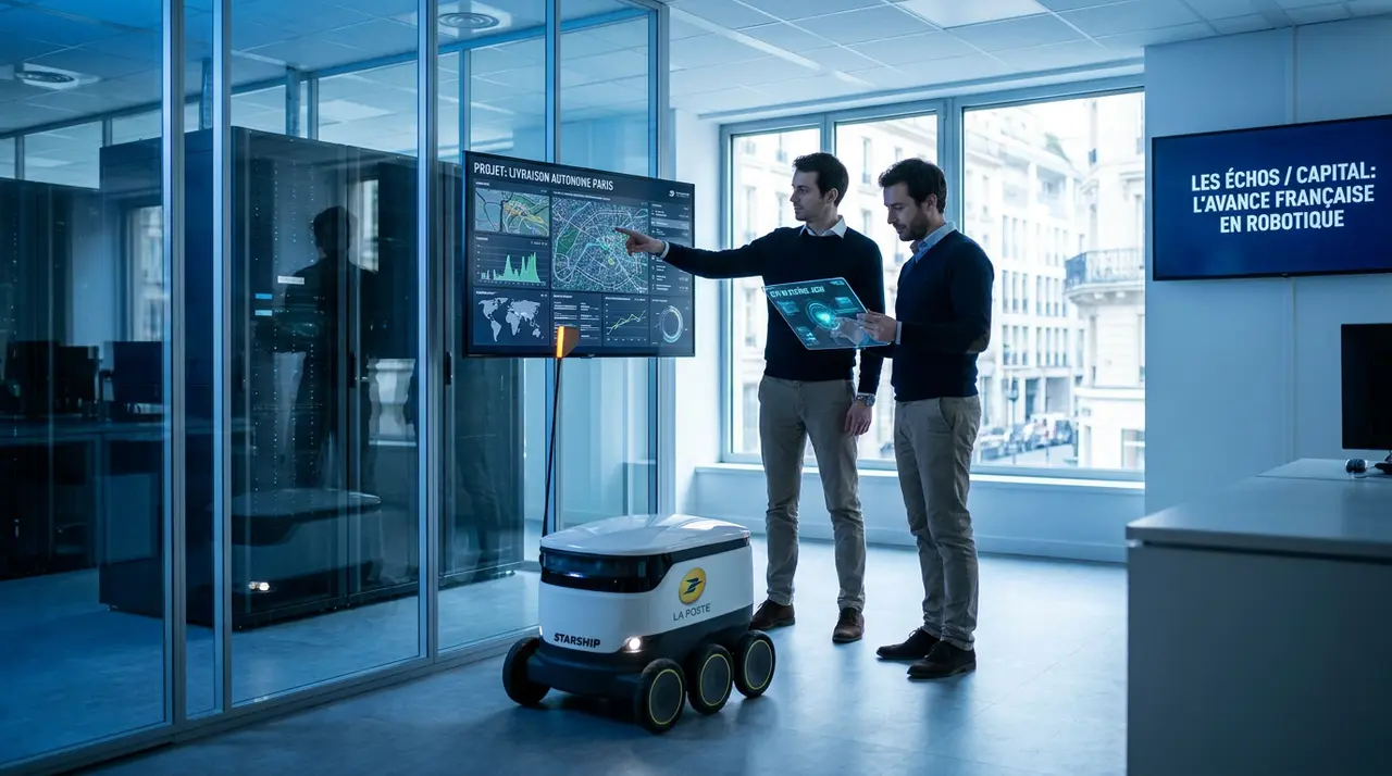 Le sujet illustré par un robot livreur autonome circulant en ville en France