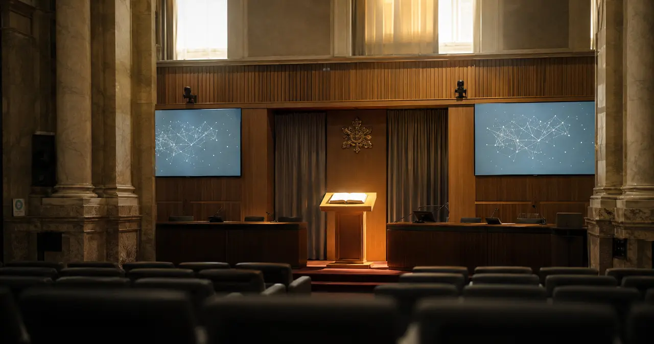 Salle du Synode au Vatican lors de la présentation officielle de l'encyclique Magnifica Humanitas du pape Léon XIV sur l'intelligence artificielle, le 25 mai 2026.
