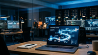 Illustration d'une intelligence artificielle guidant un utilisateur à travers un parcours d'onboarding personnalisé sur une interface SaaS, symbolisant la réduction du churn grâce à l'IA.