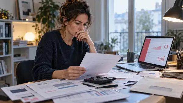 Une travailleuse indépendante consulte des documents de facturation devant son ordinateur, entourée de relevés et d’une calculatrice, pour illustrer les écarts entre les revenus transmis par Malt et le chiffre d’affaires déclaré à l’Urssaf.