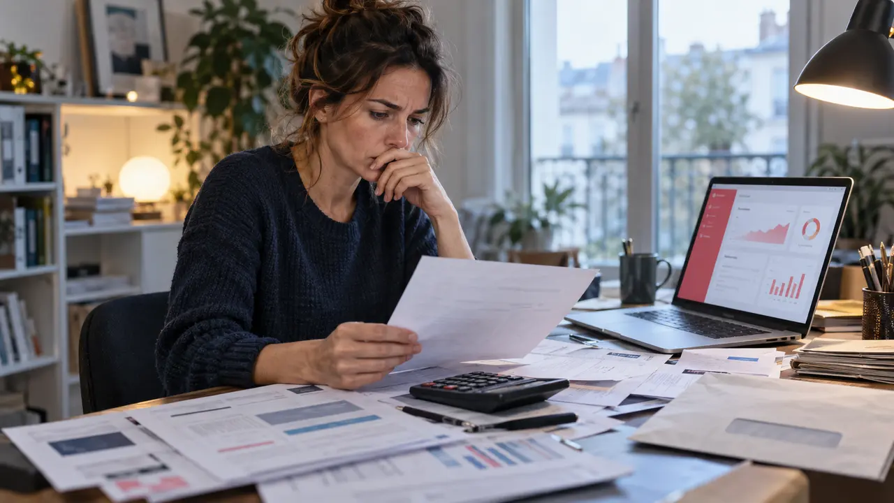 Une travailleuse indépendante consulte des documents de facturation devant son ordinateur, entourée de relevés et d’une calculatrice, pour illustrer les écarts entre les revenus transmis par Malt et le chiffre d’affaires déclaré à l’Urssaf.