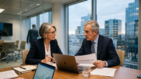 Un manager de transition, symbolisé par une flèche montante, guide une équipe de PME vers l'accélération et la réussite stratégique.