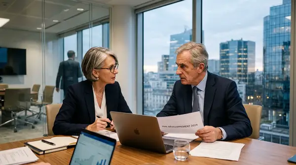 Un manager de transition, symbolisé par une flèche montante, guide une équipe de PME vers l'accélération et la réussite stratégique.