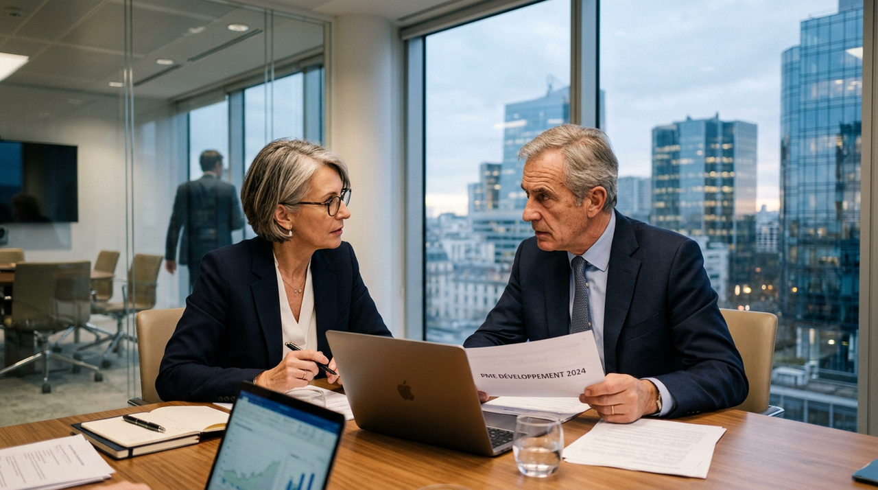 Un manager de transition, symbolisé par une flèche montante, guide une équipe de PME vers l'accélération et la réussite stratégique.