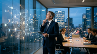 Un dirigeant naviguant sur un écran tactile complexe, symbolisant le Management des normes et des réseaux professionnels entrelacés.