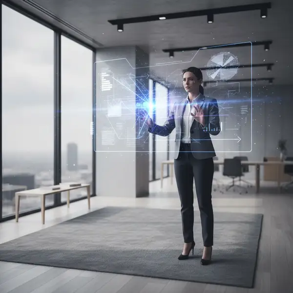 Un manager augmenté interagissant avec des interfaces futuristes, symbolisant le management IA 2026 et la réinvention des KPIs.