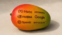 Mangue réaliste gravée des logos de Meta, Anthropic, Nvidia, Google, OpenAI et SpaceX, les six entreprises associées à l’acronyme technologique MANGOS.