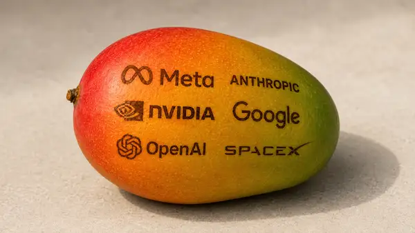 Mangue réaliste gravée des logos de Meta, Anthropic, Nvidia, Google, OpenAI et SpaceX, les six entreprises associées à l’acronyme technologique MANGOS.