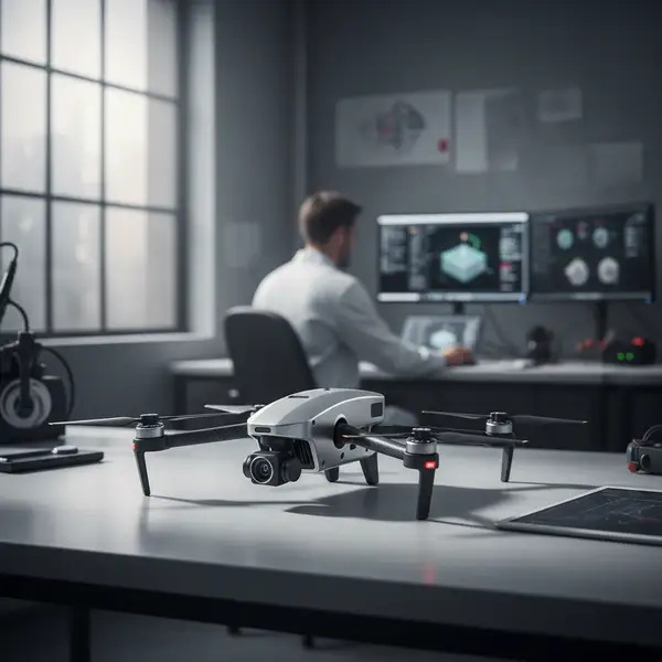 Un drone de reconnaissance en milieu confiné, symbole des technologies duales, illustrant le succès d'une PME sur les marchés DGA PME.