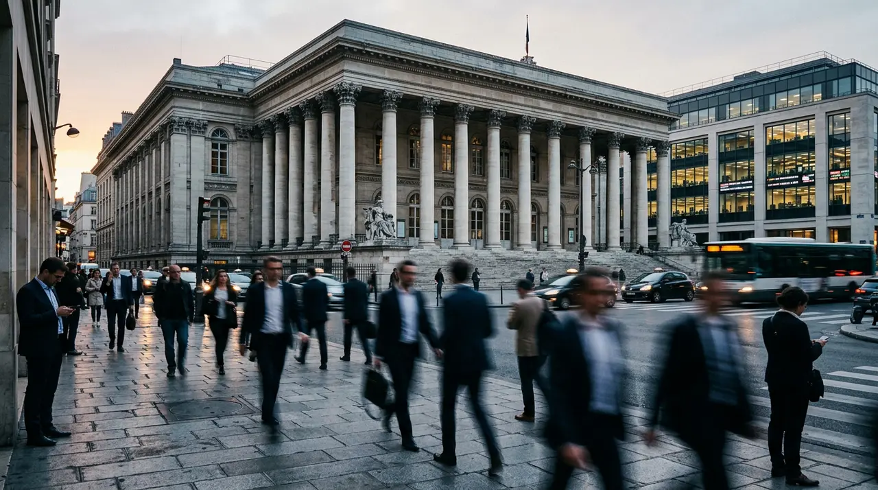Graphique boursier du CAC 40 en hausse, contrastant avec des mains de travailleurs en arrière-plan, symbolisant la déconnexion entre les marchés financiers et l'économie réelle.