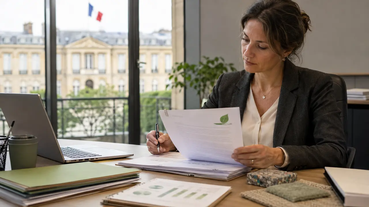 Dirigeante de PME examinant un dossier de marché public dans un bureau français, avec documents d’appel d’offres, critères environnementaux, éléments de reporting et échantillons de matériaux durables, illustrant les nouvelles obligations environnementales applicables aux marchés publics depuis le 21 août 2026.