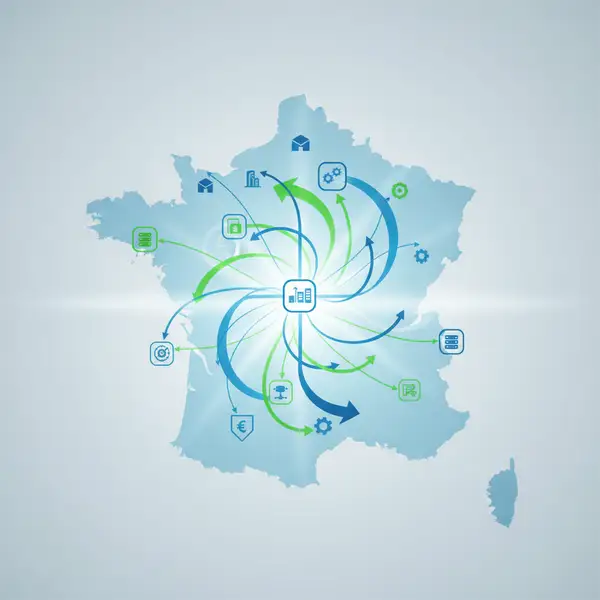 Illustration d'une marketplace B2B de niche avec des icônes d'entreprises interconnectées, symbolisant les effets réseau pour les PME françaises en 2026.