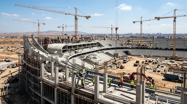 Chantier du Grand Stade de Casablanca pour le Maroc Coupe du monde 2030.