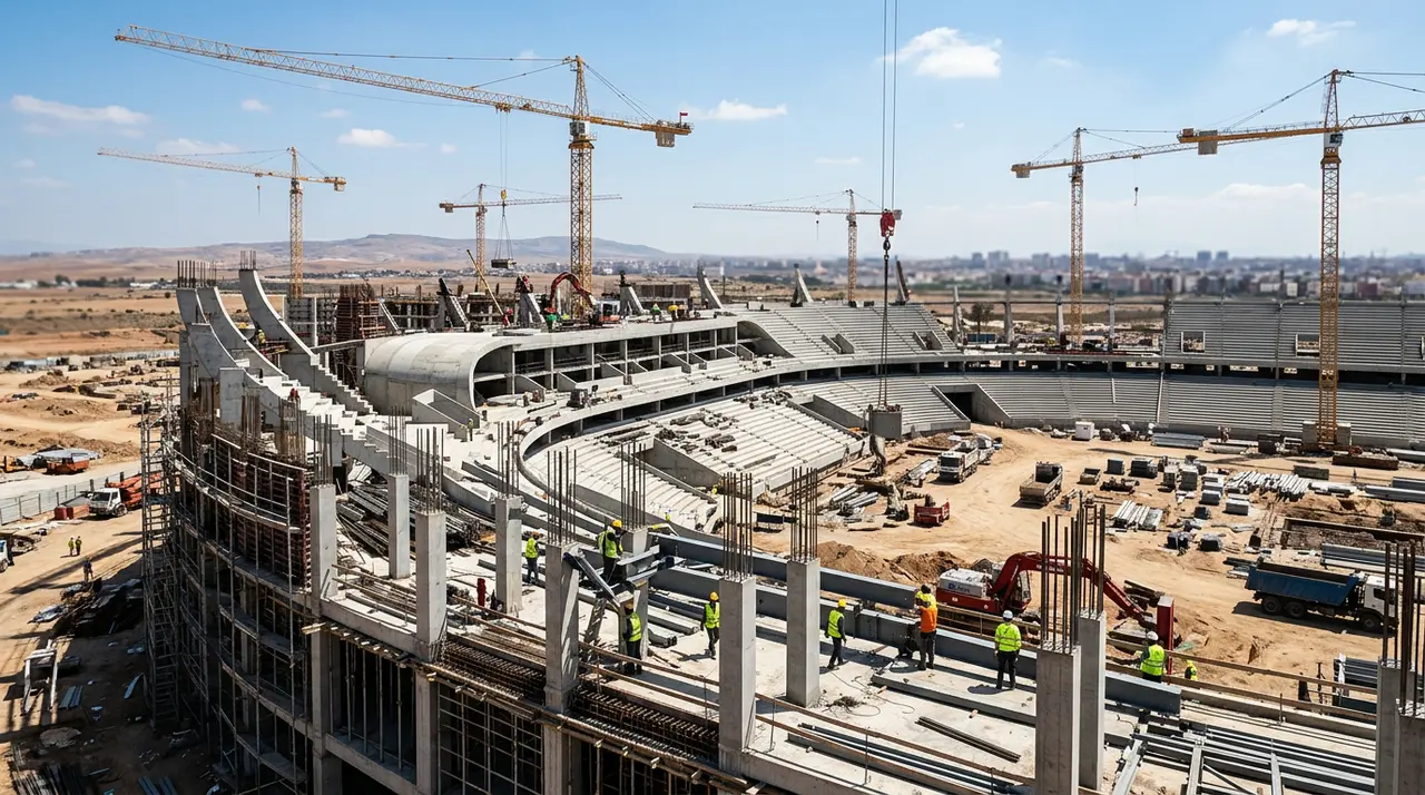 Chantier du Grand Stade de Casablanca pour le Maroc Coupe du monde 2030.