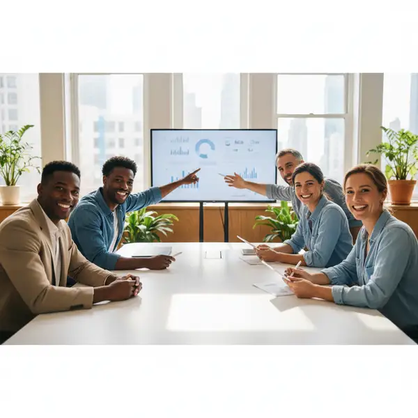 Une équipe de PME diverse et souriante, symbolisant une marque employeur forte et une culture d'entreprise authentique en 2026.