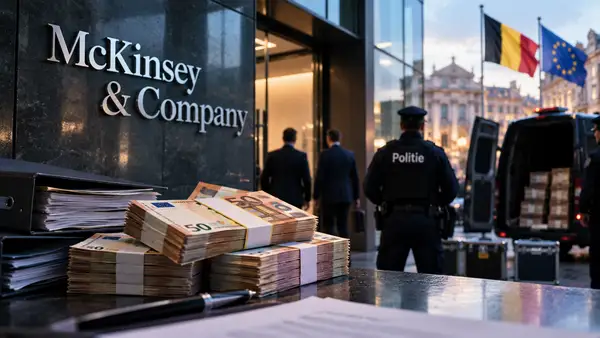 Siège de McKinsey & Company avec des liasses de billets en euros et des policiers belges, illustration de la saisie de 65,2 millions d’euros en Belgique dans le cadre de l’enquête française visant McKinsey pour des soupçons de blanchiment aggravé de fraude fiscale aggravée.