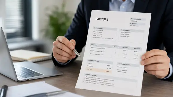 Un professionnel en costume examine une facture imprimée dans un bureau moderne, avec un ordinateur portable à proximité. Le document met en avant les principales rubriques d’une facture conforme : date de facturation, numéro de facture, informations du vendeur, informations du client, désignation des prestations, montant HT, TVA, total TTC, conditions de paiement et mentions obligatoires.