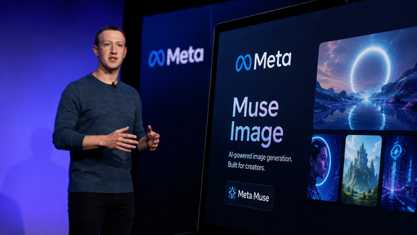 Mark Zuckerberg sur scène devant un écran géant présentant Meta Muse Image, avec le logo Meta et plusieurs visuels générés par IA, dans une ambiance de conférence technologique aux tons bleus et violets.