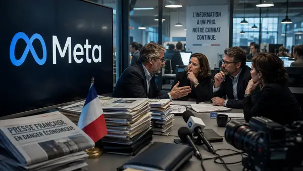 Réunion tendue dans une rédaction française avec le logo Meta affiché sur écran, des journaux, micros de presse et documents symbolisant le conflit sur les droits voisins.