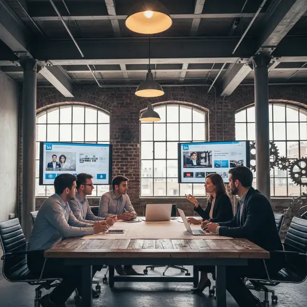 Micro-influenceurs B2B sur LinkedIn et YouTube : professionnels de l'industrie échangeant des idées, des schémas techniques sur des écrans, symbolisant la génération de leads qualifiés pour les PME industrielles.