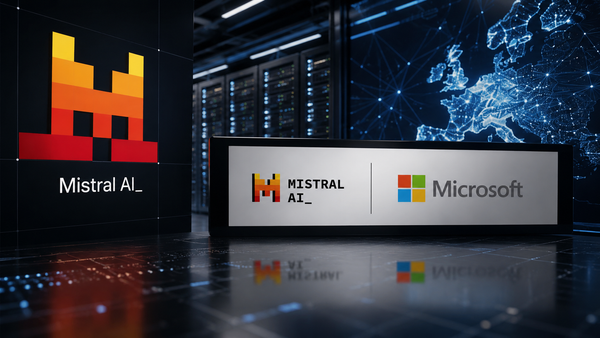 Illustration éditoriale montrant les logos de Mistral AI et Microsoft dans un data center européen, sur fond de serveurs et de réseau numérique, pour symboliser leur accord stratégique de plusieurs milliards de dollars.