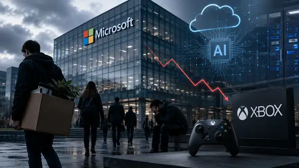Image éditoriale montrant le siège de Microsoft, des salariés quittant les lieux, une référence à Xbox et des symboles d’intelligence artificielle, pour illustrer la restructuration du groupe et la pression sur l’emploi dans la tech.